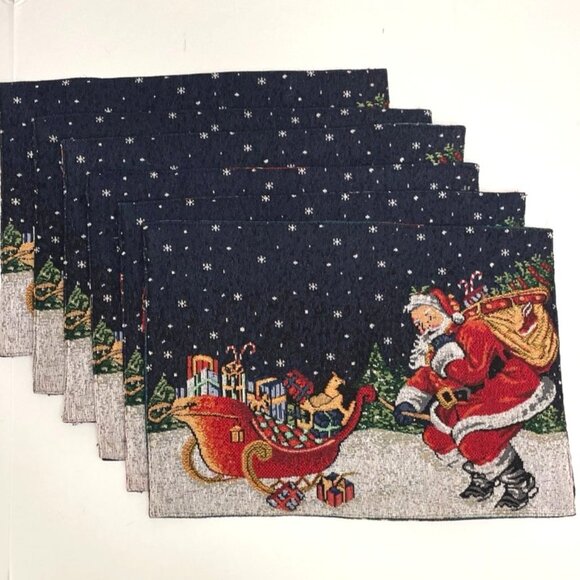Christmas Tapestry Placemats Set of 6 Santa Pulling Sleigh Ornaments Reversible - Picture 1 of 4